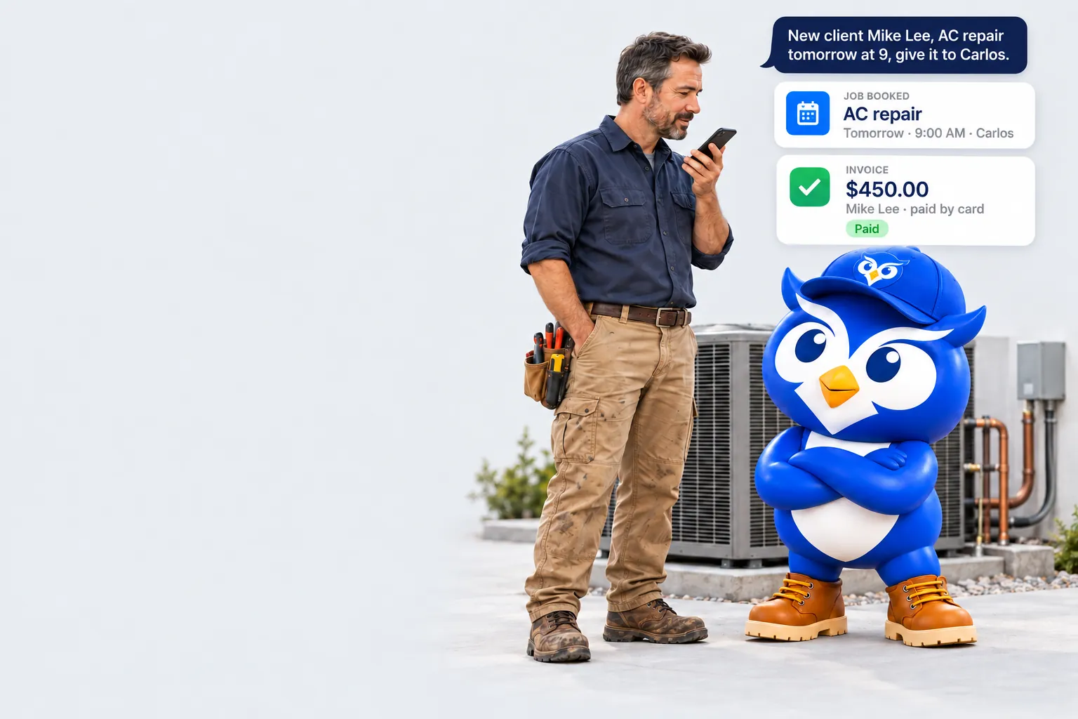 Contractor talking to his phone next to the BLUGGI owl at an AC unit