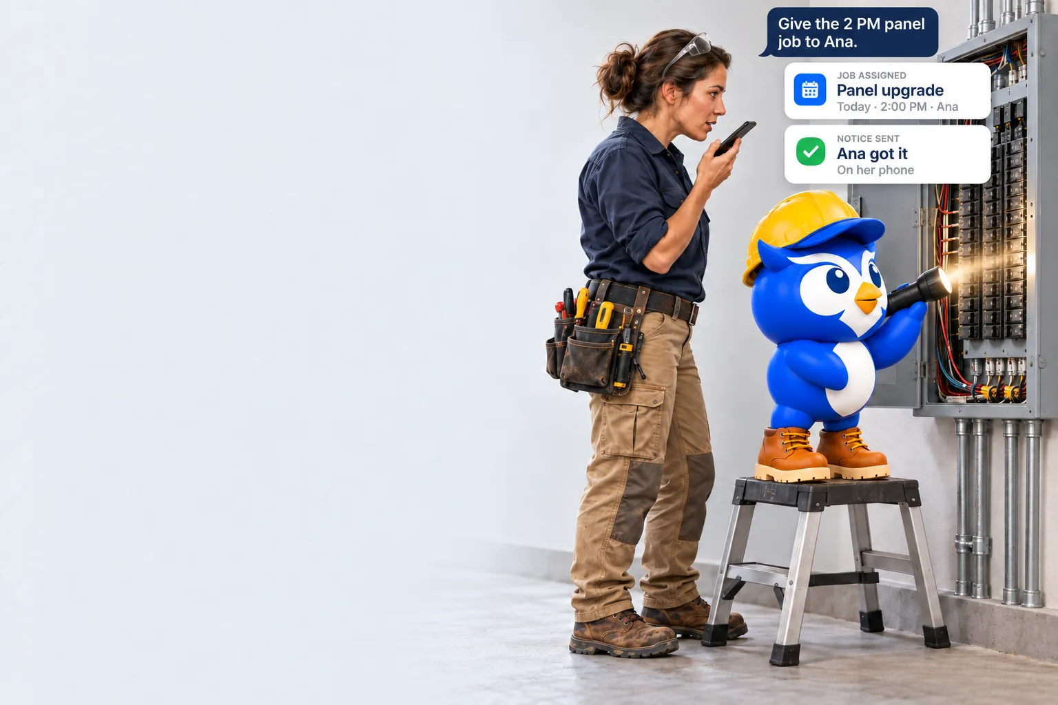 Electrician talking to her phone while the BLUGGI owl lights the panel with a flashlight